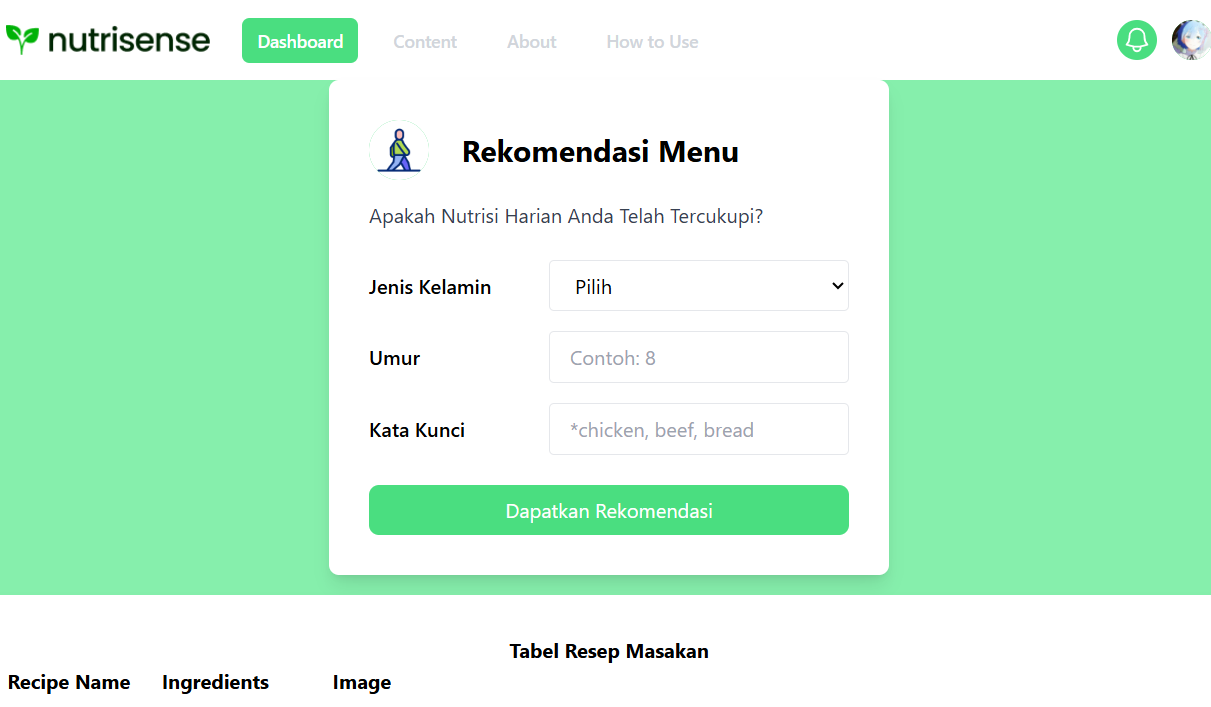 NutriSense Recommendation System preview